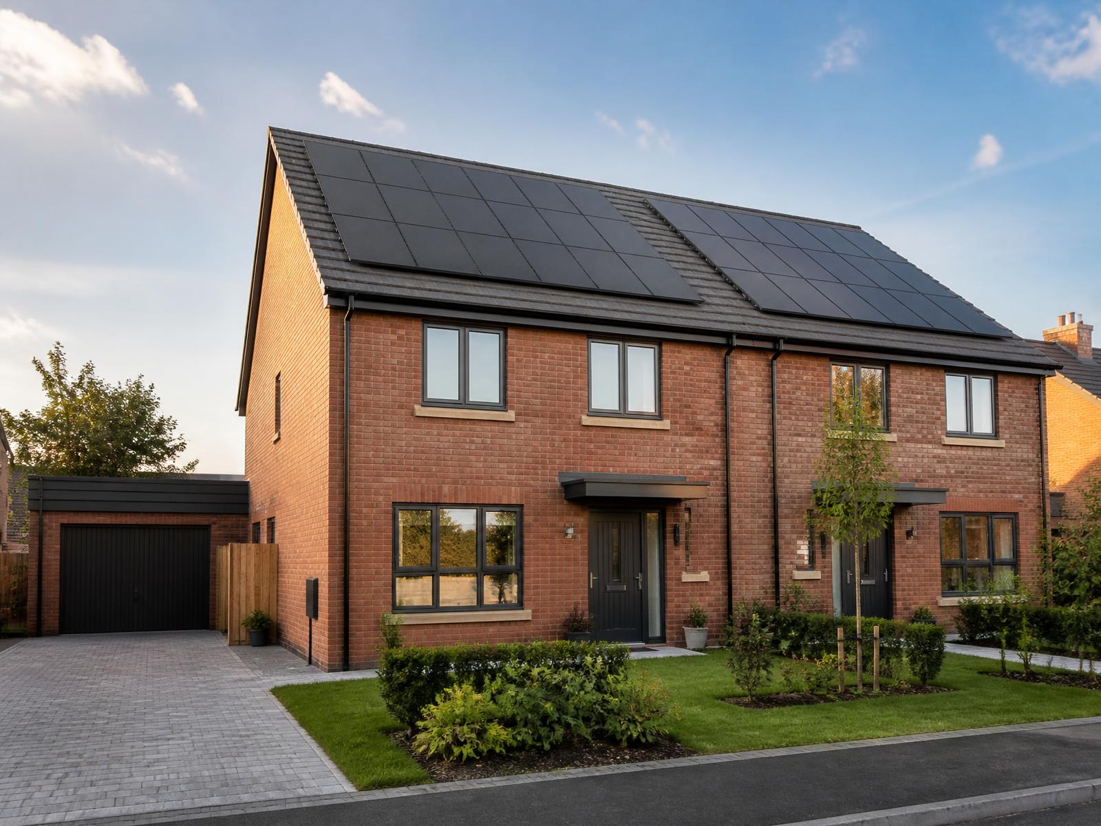 A modern UK brick home with black solar panels fitted across its pitched roof in late afternoon light