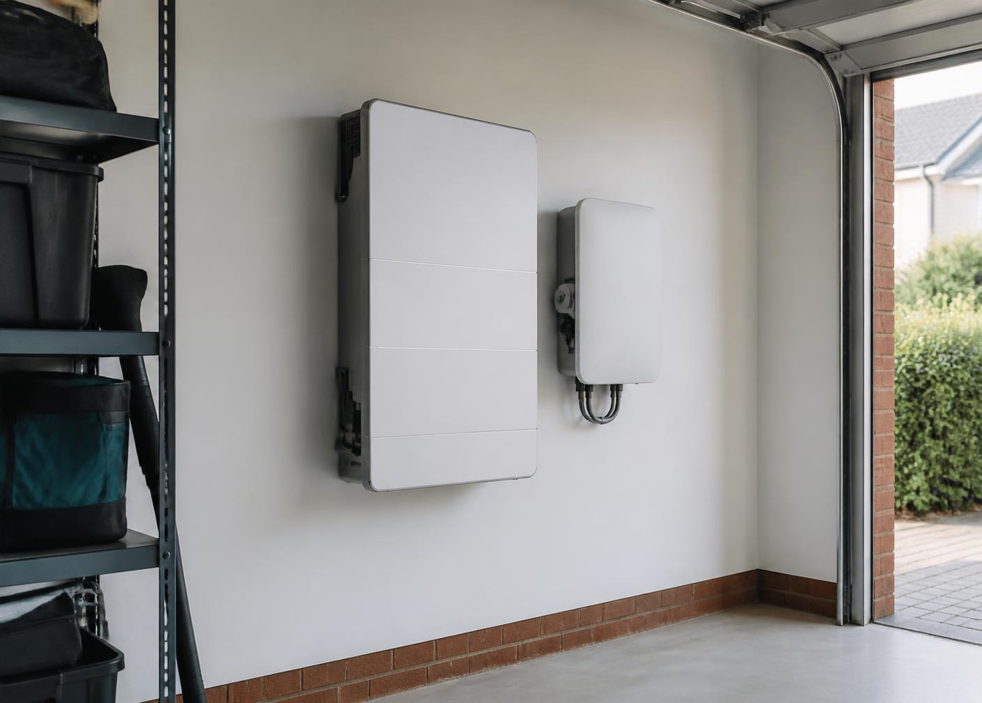 A wall-mounted home battery storage unit and inverter fitted inside a UK garage