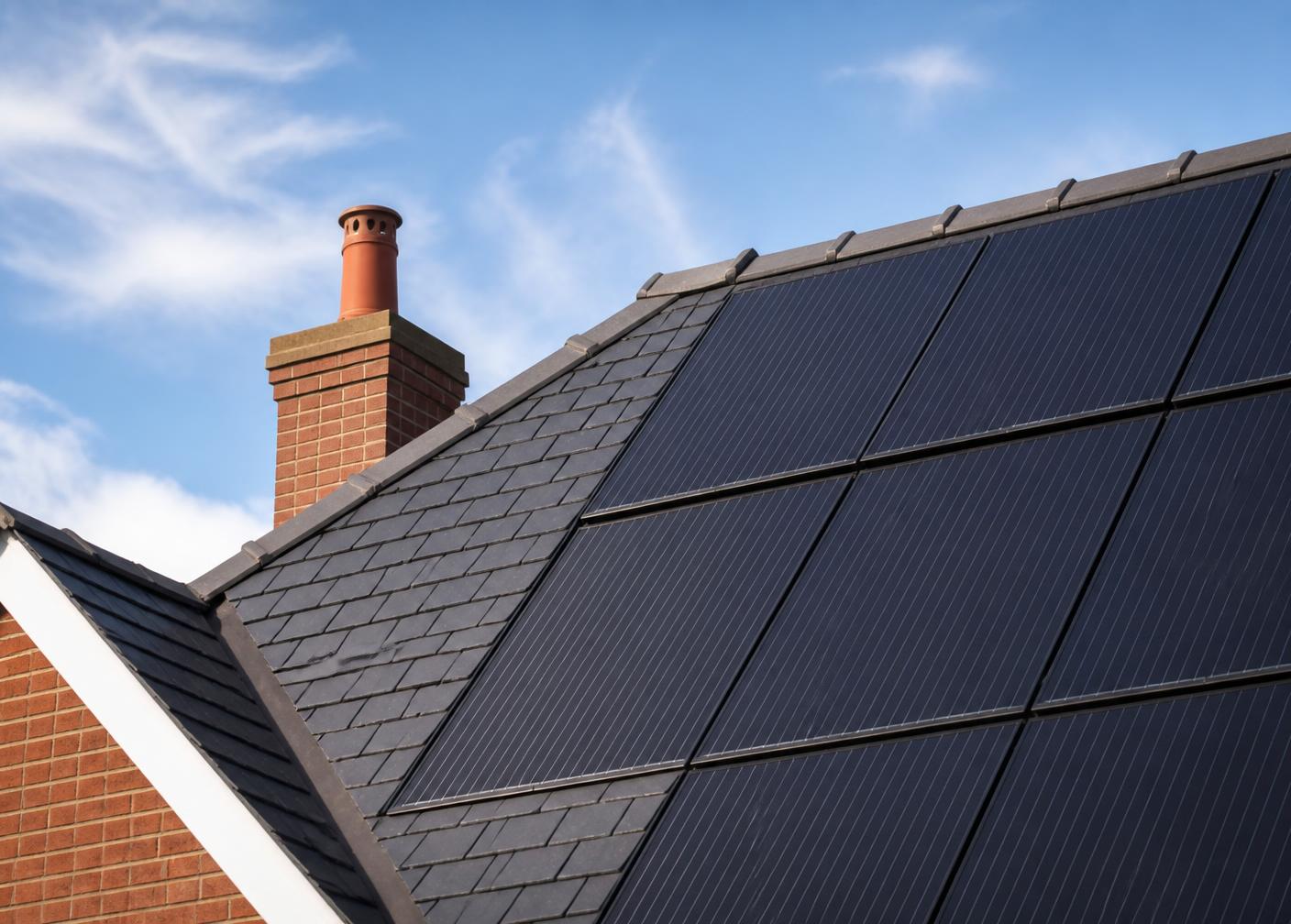 Black solar panels fitted across a slate pitched roof on a British house under a blue sky