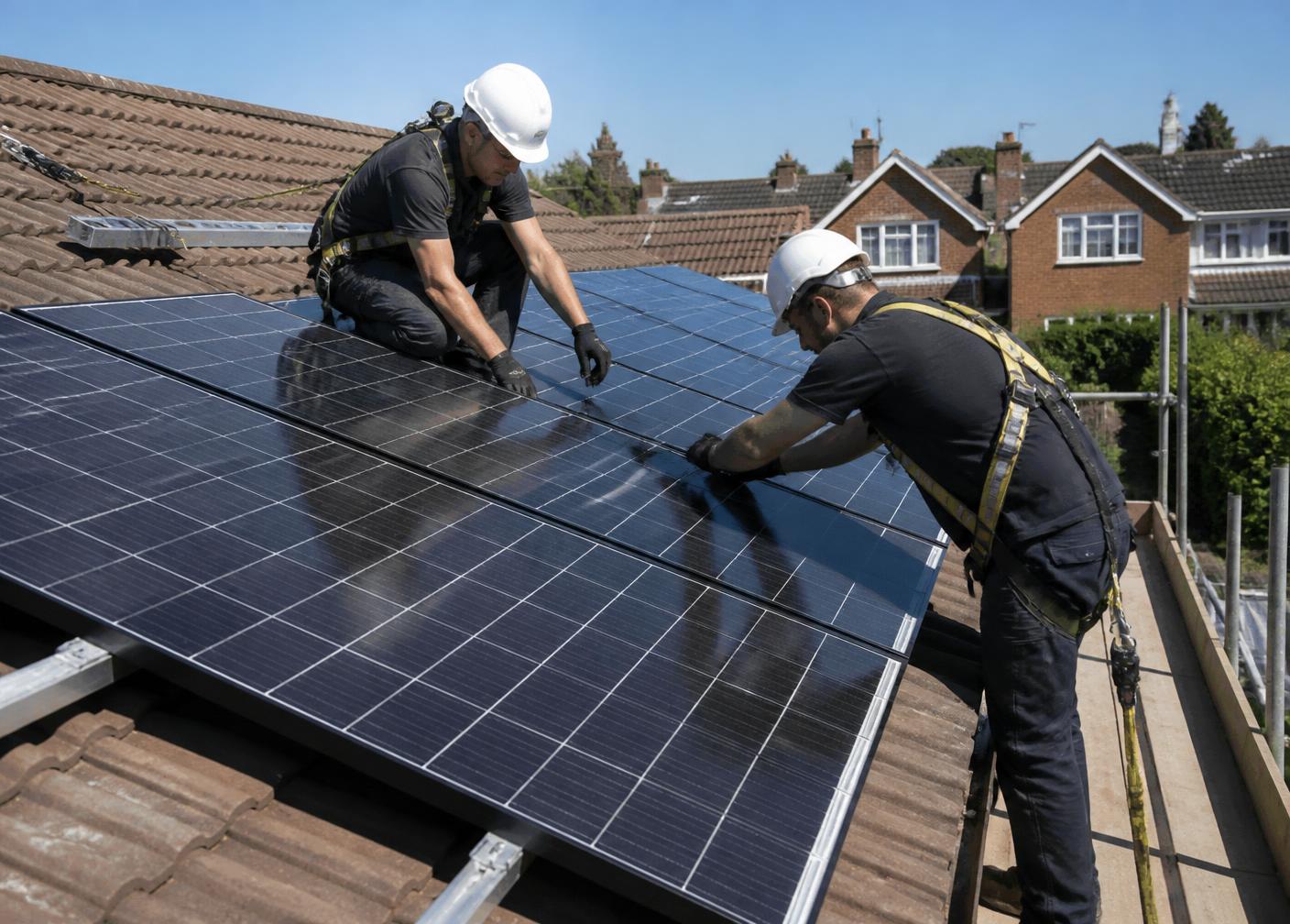 Two registered installers fitting solar panels on the roof of a UK suburban house