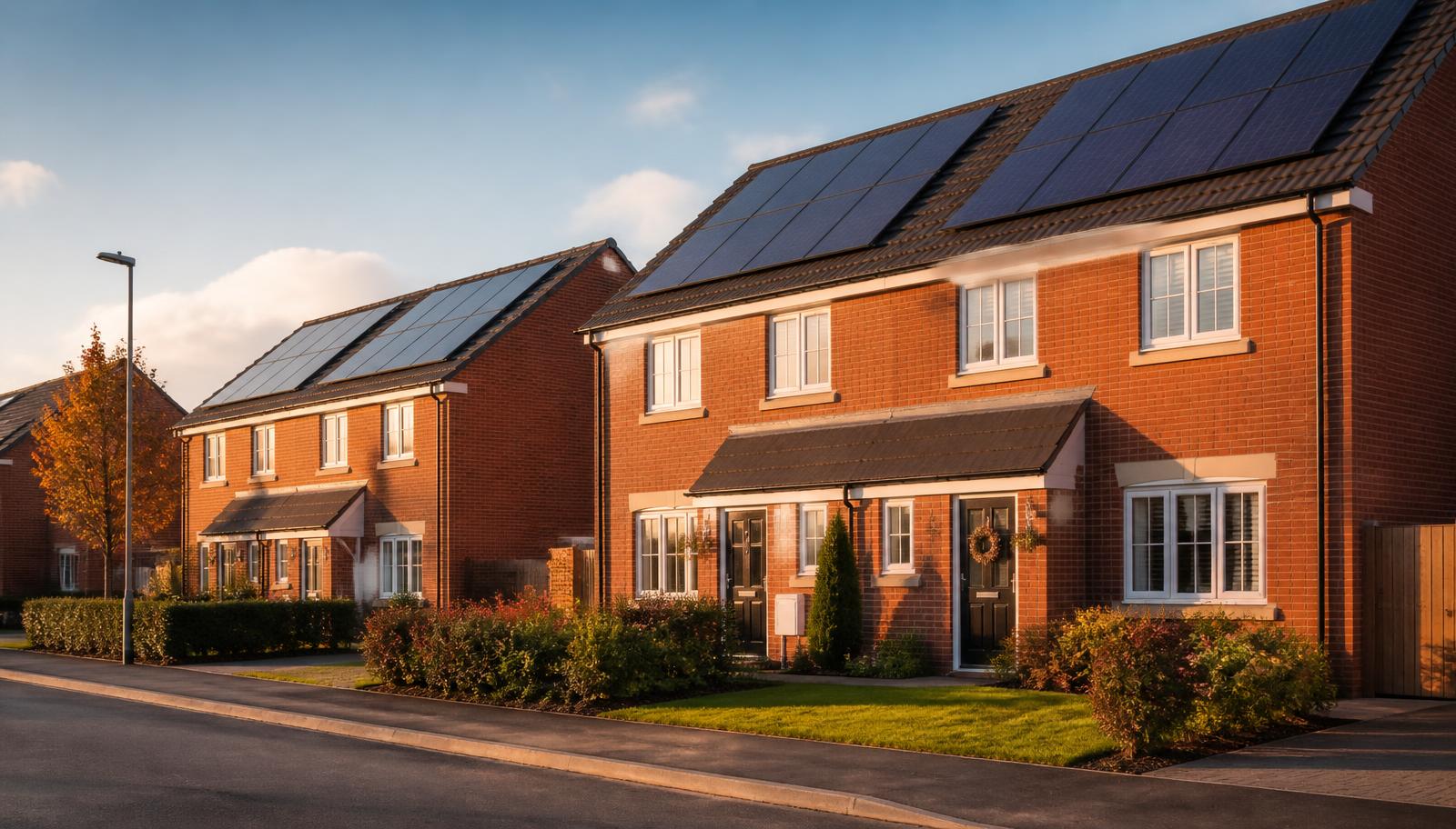 A row of modern British brick homes with solar panels on their roofs in golden evening light